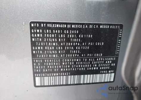 2021 Volkswagen Tiguan 2.0T Se/2.0T Se R-Line Black/2.0T Sel z USA, uszkodzony, nr VIN 3VV2B7AXXMM106421